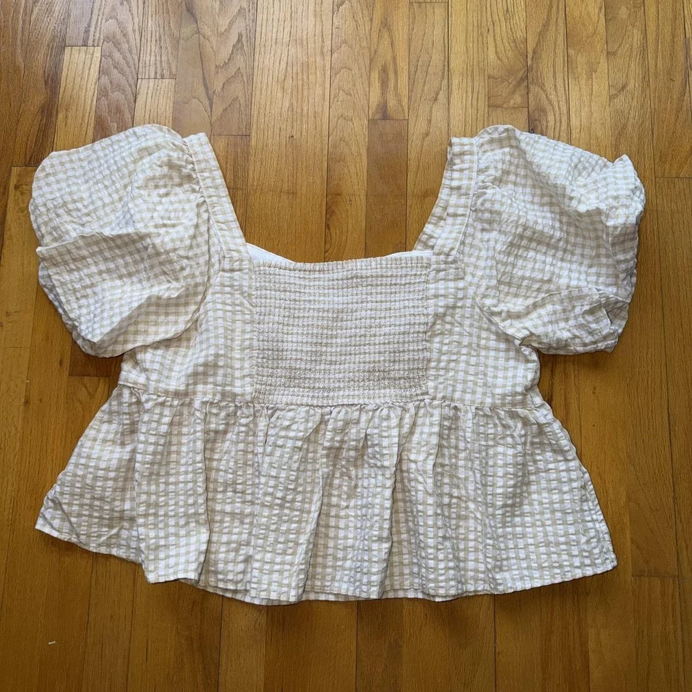 Old Navy Top 3X Beige Gingham Puff Sleeve Square Neck Peplum Cottage Boho Cotton